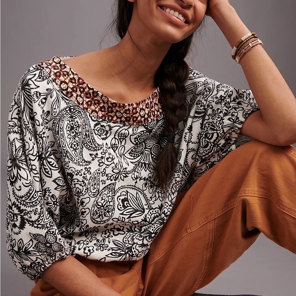 By Anthropologie French Terry Floral Batik Dolman Bubble Blouse Top - Picture 4 of 16